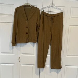 Brown Button-Up Cardigan and Pants Set